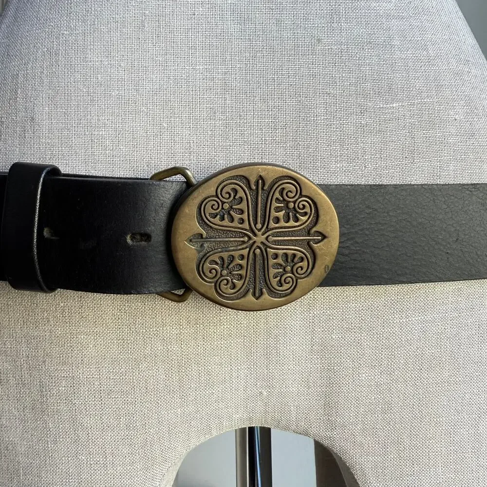 Vintage BTS Solid Brass Belt Buckle Made in USA Clover Floral Design